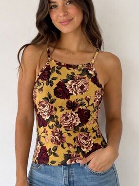 Floral Print Halter Top - Yellow and Red